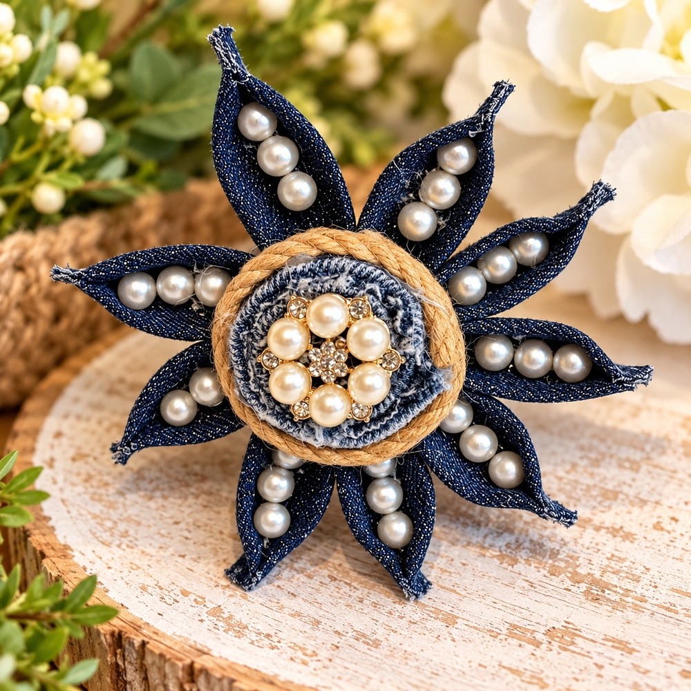 Handmade Denim Flower Magnet with Faux Pearls and Rhinestone Center 7